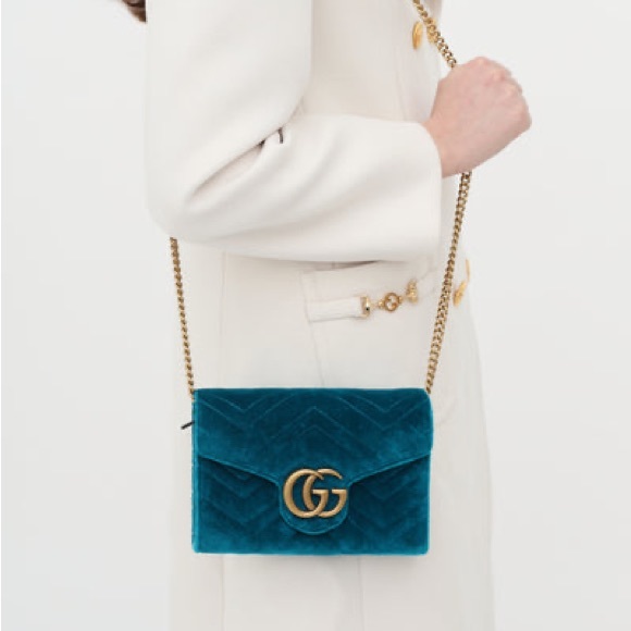 Gucci Handbags - Gucci Turquoise Velvet GG Marmont Wallet On Chain